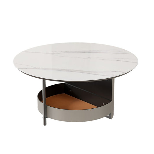 Xl Chic Sintered Stone Top Coffee Center Table Saddle Leather Shelf Accent Table