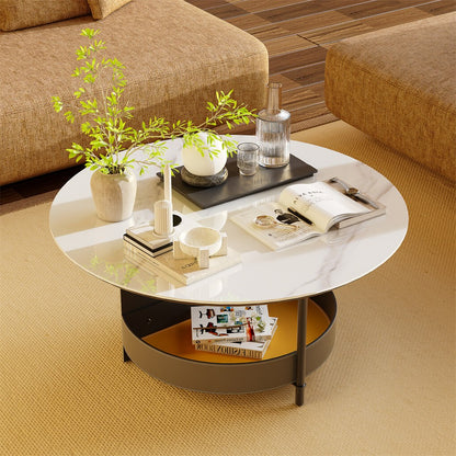 Xl Chic Sintered Stone Top Coffee Center Table Saddle Leather Shelf Accent Table