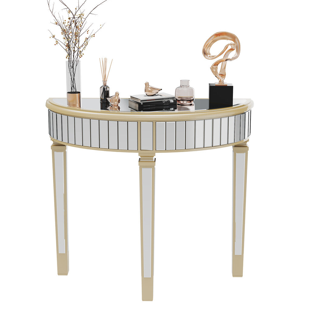 Heavy Duty Glossy Mirrored Makeup Vanity Table Semi-Circle Narrow Console Table