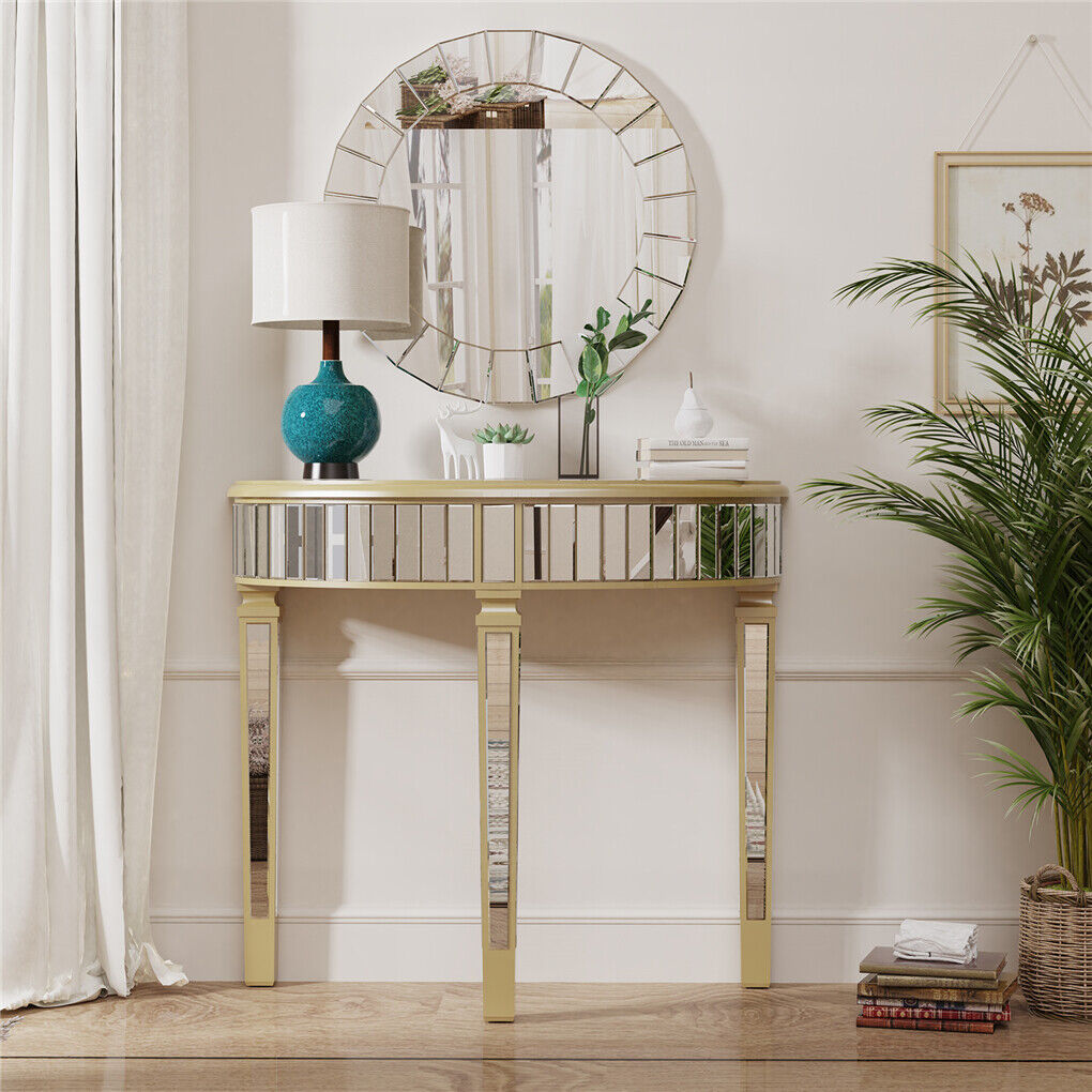 Heavy Duty Glossy Mirrored Makeup Vanity Table Semi-Circle Narrow Console Table