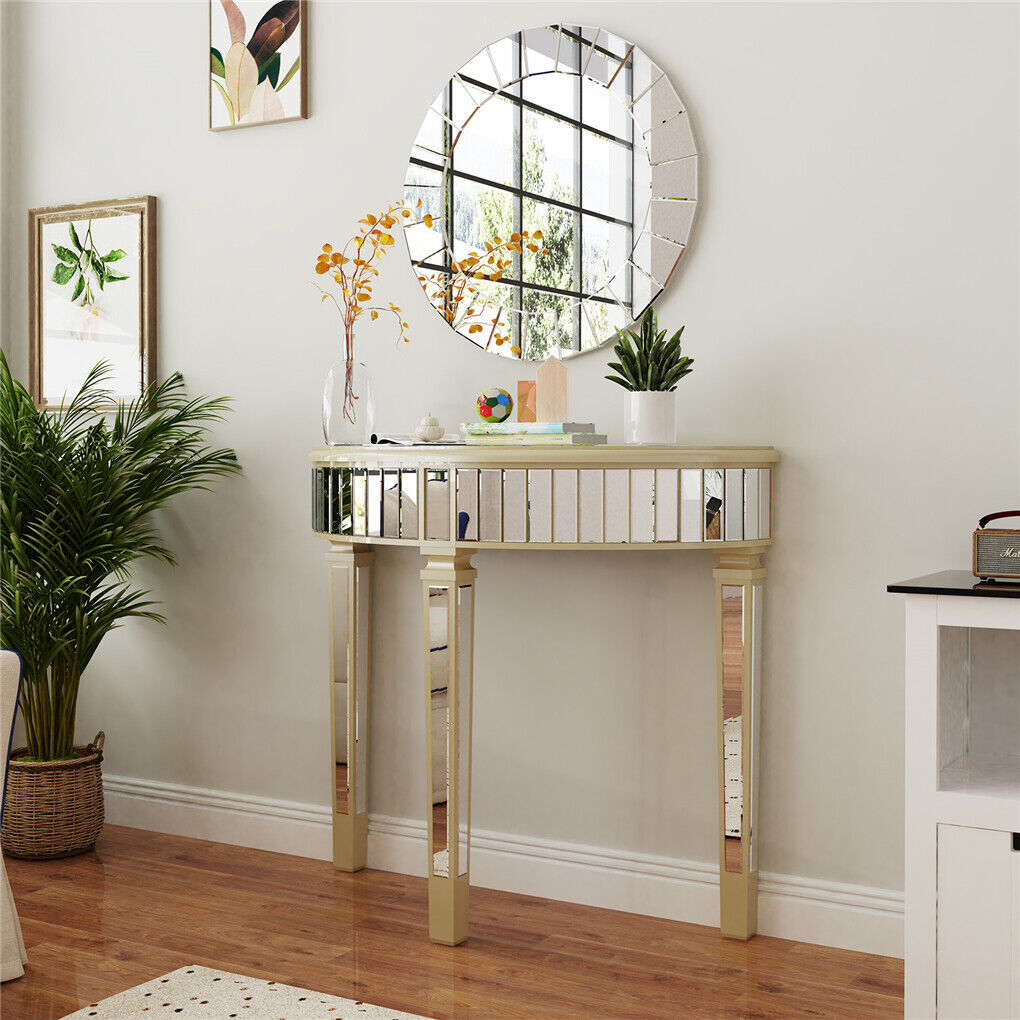 Heavy Duty Glossy Mirrored Makeup Vanity Table Semi-Circle Narrow Console Table