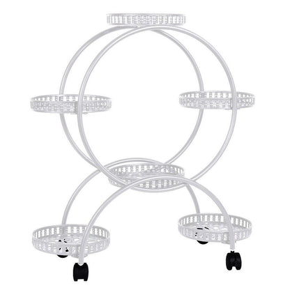 Fin White Metal Plant Stand 6-Potted Flower Pot Holder W Wheels 4 Tier Display Shelf