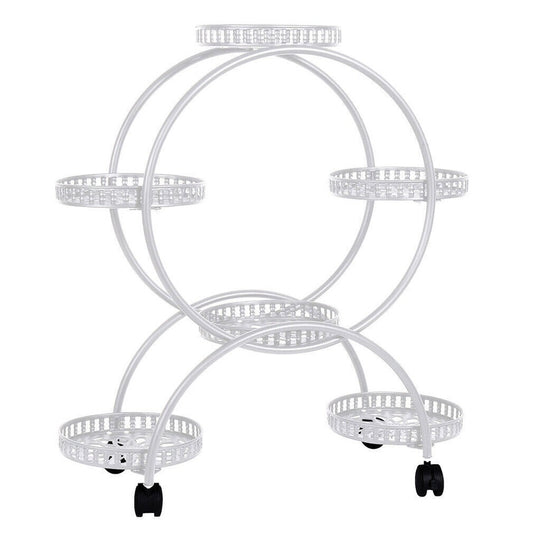 Fin White Metal Plant Stand 6-Potted Flower Pot Holder W Wheels 4 Tier Display Shelf