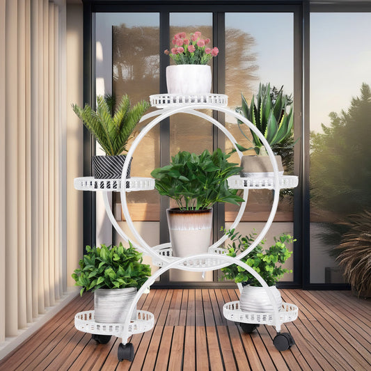 Fin White Metal Plant Stand 6-Potted Flower Pot Holder W Wheels 4 Tier Display Shelf