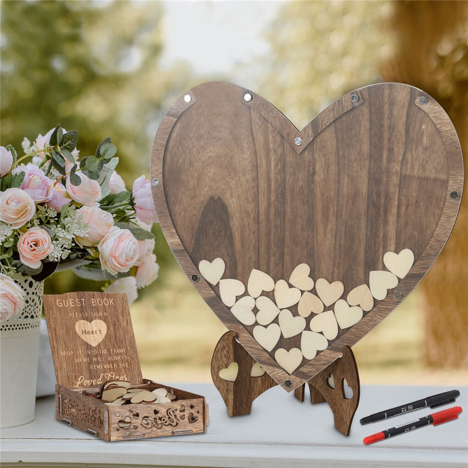 Wedding Guest Book Alternative with Stand+Storage Box+88PCS Wooden Hearts+Pens