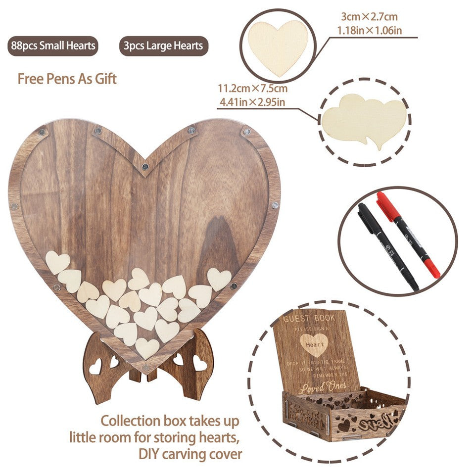 Wedding Guest Book Alternative with Stand+Storage Box+88PCS Wooden Hearts+Pens
