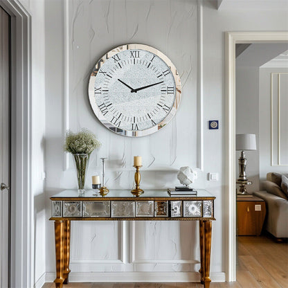 Large Silver Wall Clock Twinkle Crushed Diamond Mirrored Clock With Beveled Edge