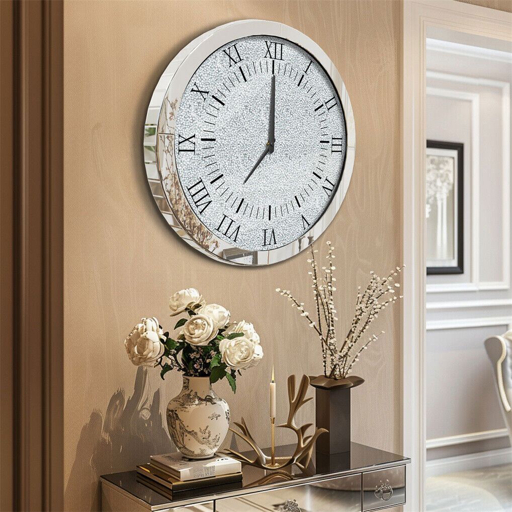 Large Silver Wall Clock Twinkle Crushed Diamond Mirrored Clock With Beveled Edge
