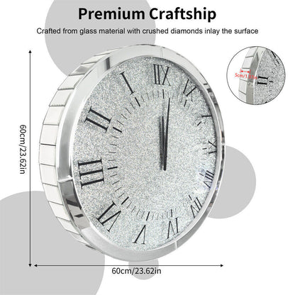 Large Silver Wall Clock Twinkle Crushed Diamond Mirrored Clock With Beveled Edge