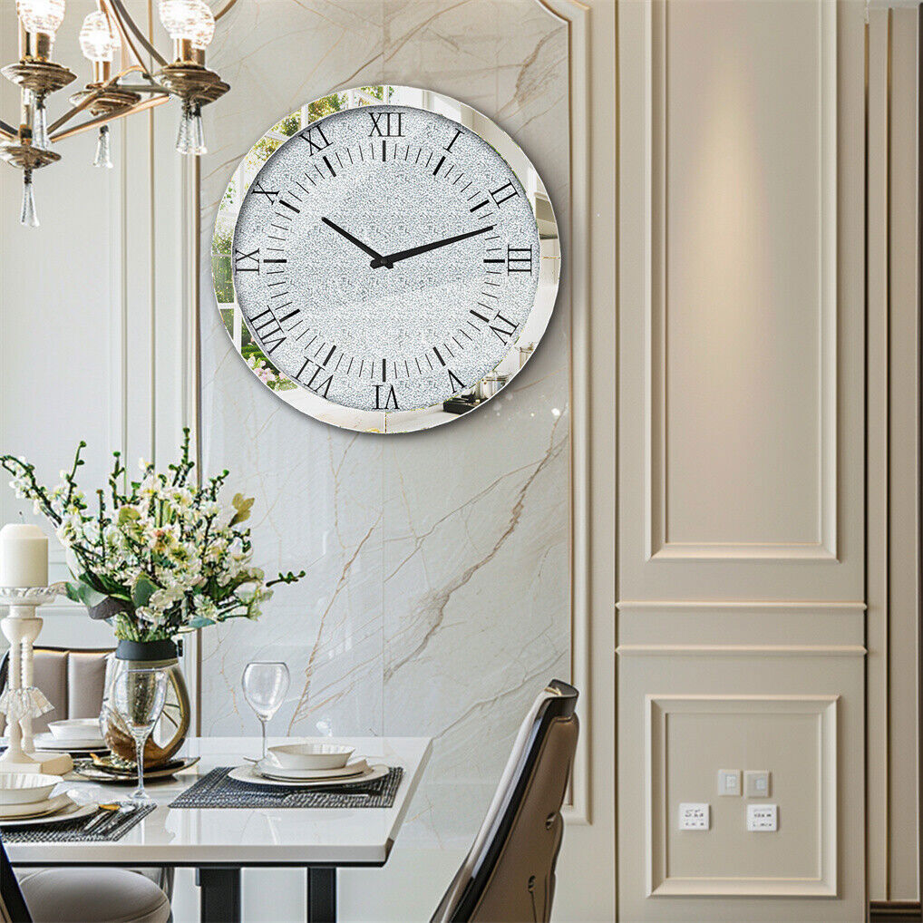 Large Silver Wall Clock Twinkle Crushed Diamond Mirrored Clock With Beveled Edge