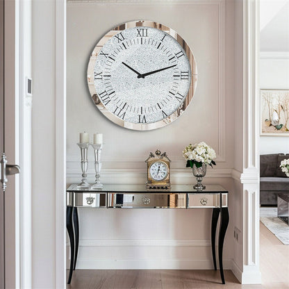 Large Silver Wall Clock Twinkle Crushed Diamond Mirrored Clock With Beveled Edge
