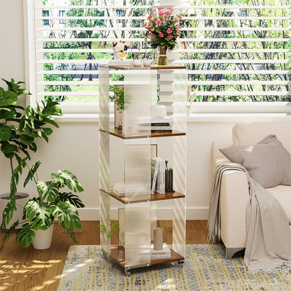 4-Tiered Floor Standing Storage Rack Acrylic Bookshelf with Crystal-like Casters