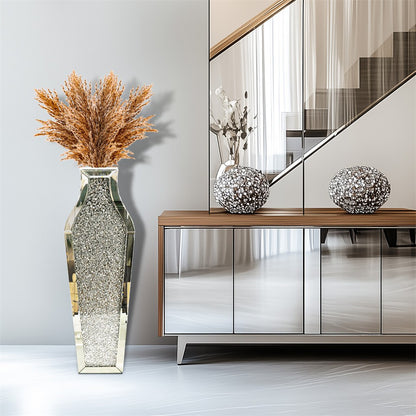 Sparkling Crushed Diamond Mirrored Floor Vase Tall Silver Glass Fake Flower Vase