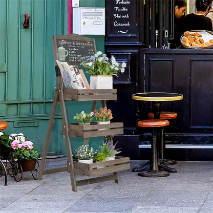 3-Tier A-Frame Wooden Sidewalk Sign Chalkboard With Display Shelf Planter Stand