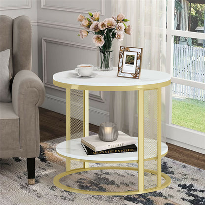 White Marble Side End Table Round Coffee Accent Table Nightstand Gold Iron Frame