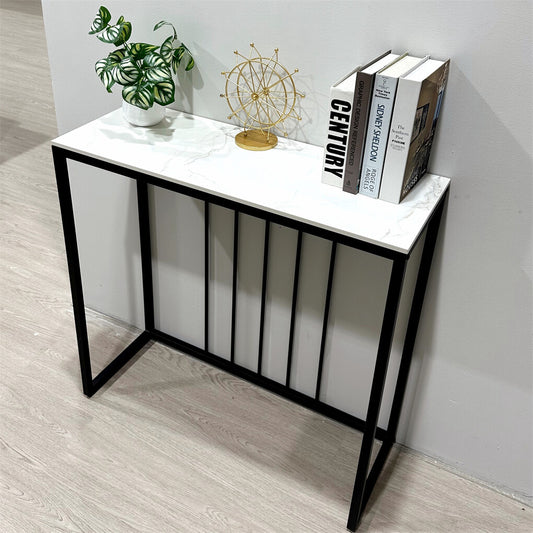 Fin 80Cm Sintered Stone Console Table Storage Table Behind Sofa W/ Black Metal Frame