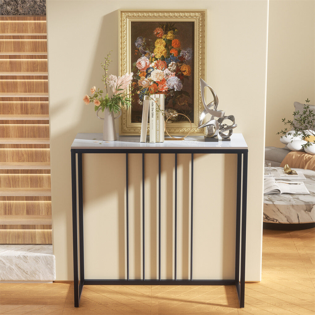 Fin 80Cm Sintered Stone Console Table Storage Table Behind Sofa W/ Black Metal Frame