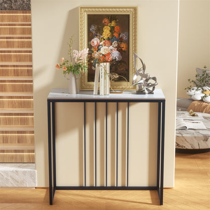 Fin 80Cm Sintered Stone Console Table Storage Table Behind Sofa W/ Black Metal Frame