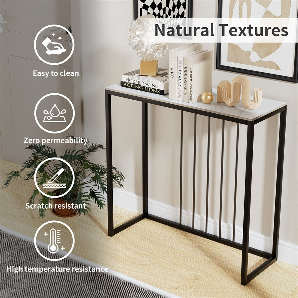 Fin 80Cm Sintered Stone Console Table Storage Table Behind Sofa W/ Black Metal Frame