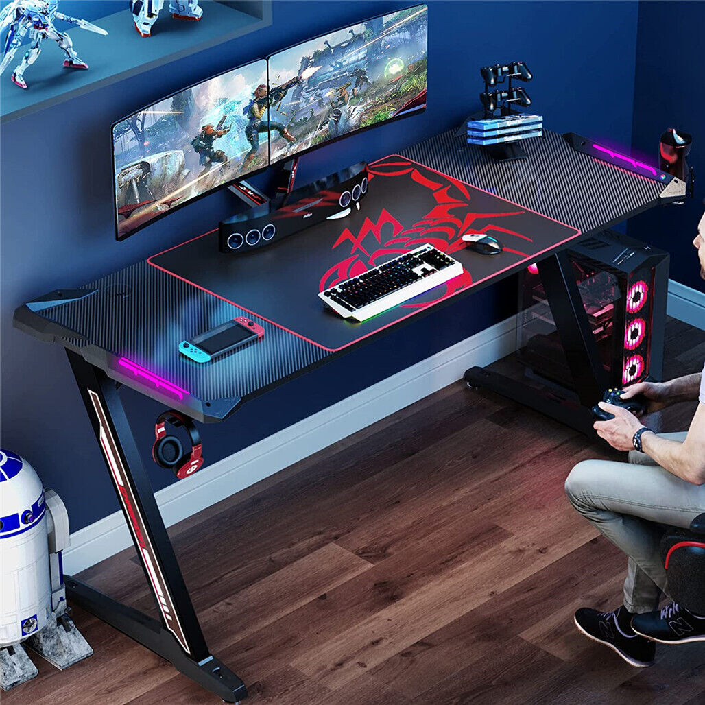 Z-Shaped Computer Gaming Desk with RGB LED Lights Home Office Table X-Large 140cm