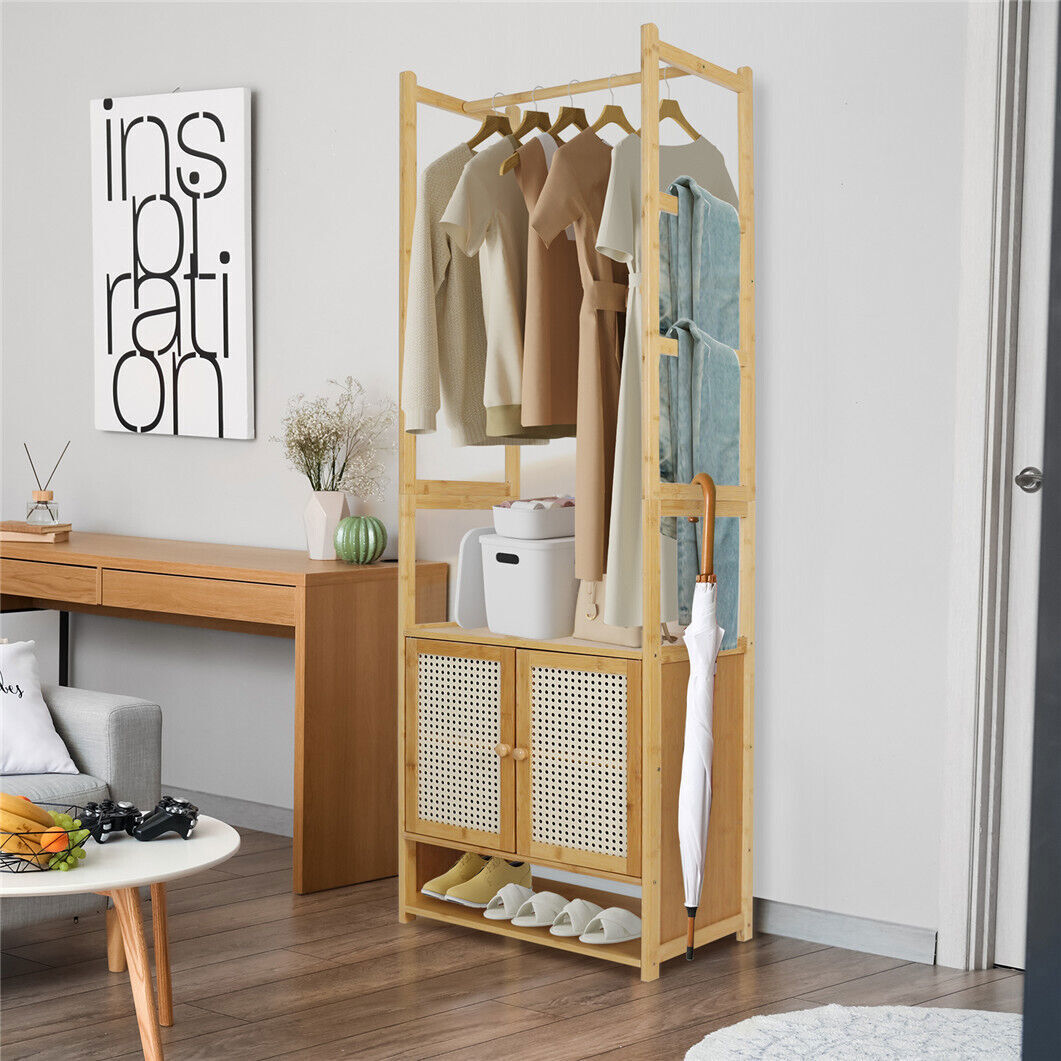 High Strength Bamboo Clothing Rack Closet Organizer Storage Cabinet &Shoe Shelf
