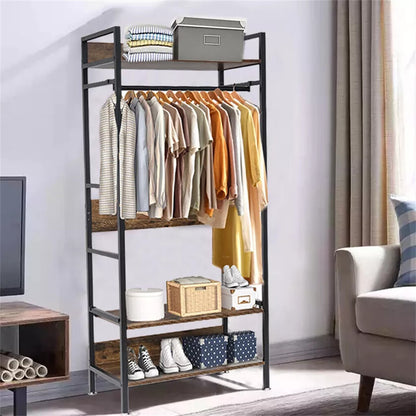 Rustic Wooden Clothes Garment Rail Open Hanging Display Shelf Shoe Rack Entryway