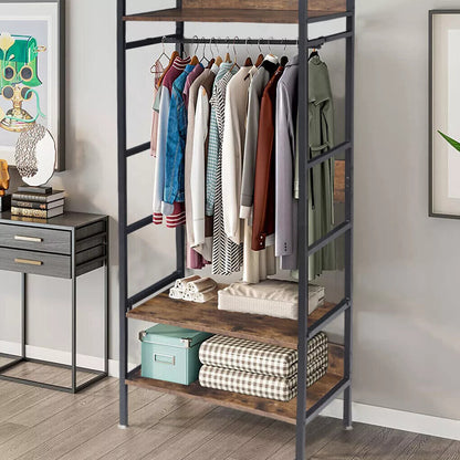 Rustic Wooden Clothes Garment Rail Open Hanging Display Shelf Shoe Rack Entryway