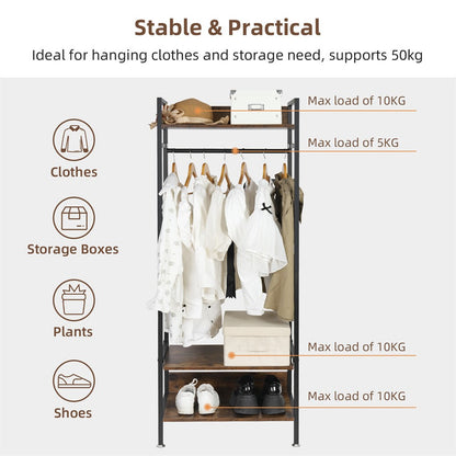 Rustic Wooden Clothes Garment Rail Open Hanging Display Shelf Shoe Rack Entryway