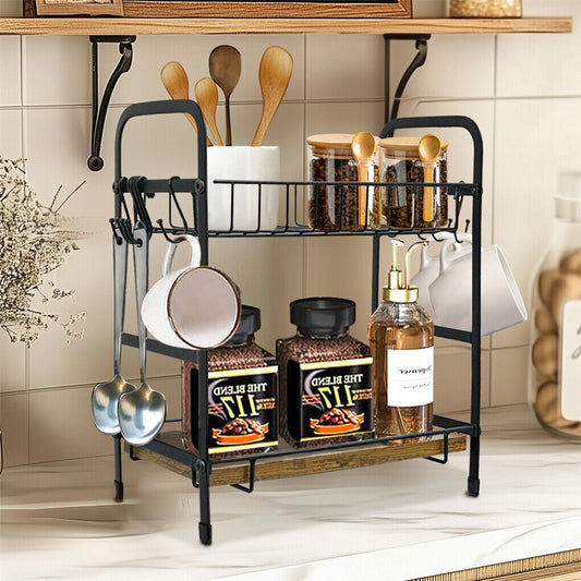 Vintage Coffee Bar Station Organizer Holder Stand with 2-Tier Shelves & 12 Hooks