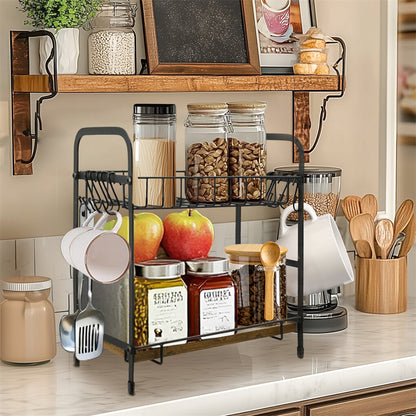 Vintage Coffee Bar Station Organizer Holder Stand with 2-Tier Shelves & 12 Hooks