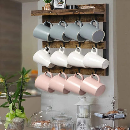Heavy Duty Wall Mount Coffee Teacup Mug Rack Wood 12 Hook Holder Display Storage