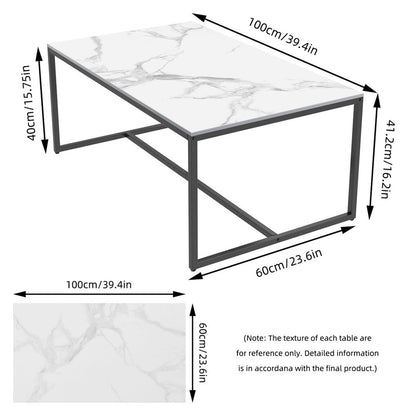 Extra Thick Marble Coffee Table White Sintered Stone Rectangular Center Table with Black Metal Frame