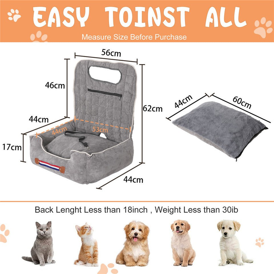 Large Cozy Dog Car Booster Double-Side Cushion Pet Travel Bed with Adjustable Strap