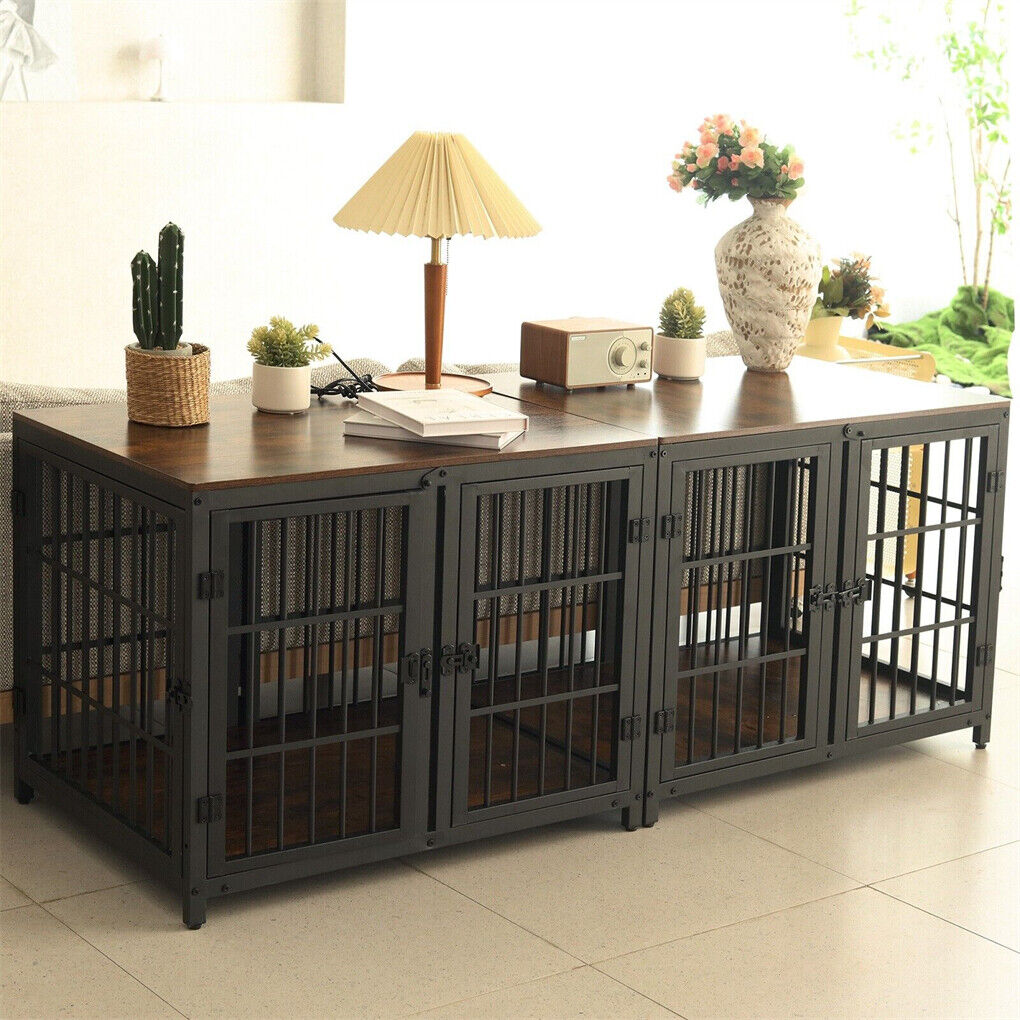Indestructible Wooden Dog Crate Furniture With Divider For 2 Dogs Cage End Table
