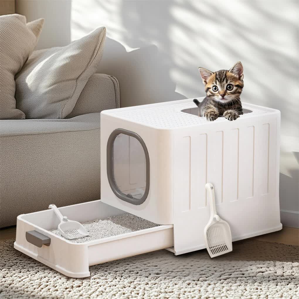 Big Top Entry Deep Tray Enclosed Kitty Cat Litter Box Easy To Clean Pull Handle