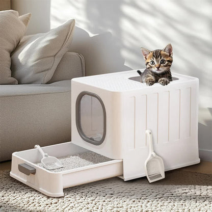 Big Top Entry Deep Tray Enclosed Kitty Cat Litter Box Easy To Clean Pull Handle