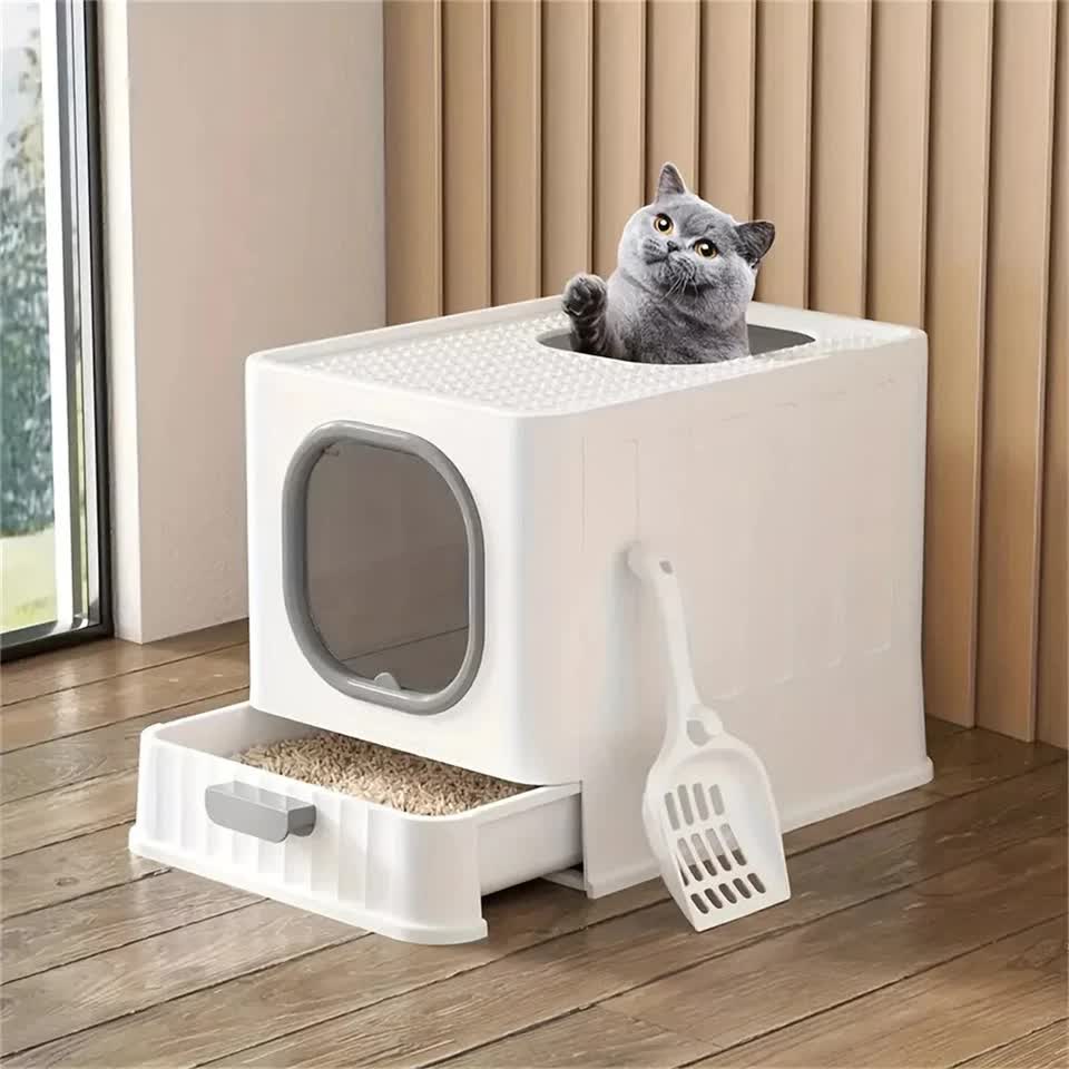 Big Top Entry Deep Tray Enclosed Kitty Cat Litter Box Easy To Clean Pull Handle