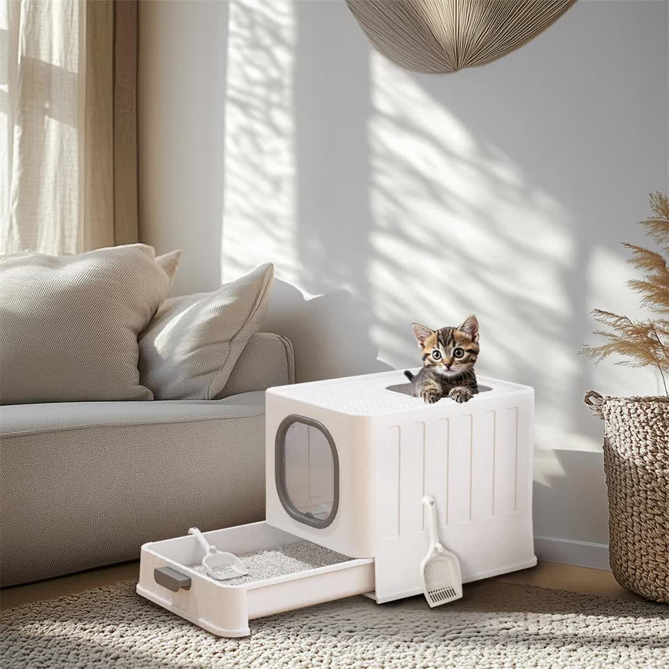 Big Top Entry Deep Tray Enclosed Kitty Cat Litter Box Easy To Clean Pull Handle