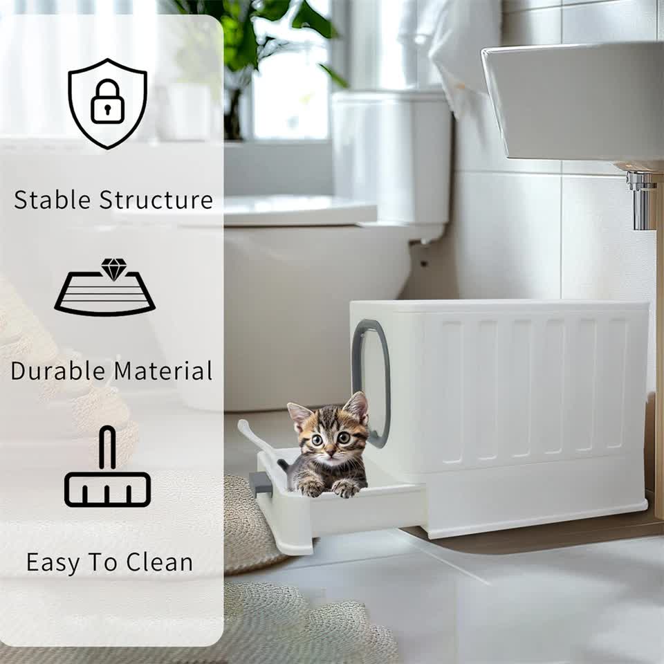 Big Top Entry Deep Tray Enclosed Kitty Cat Litter Box Easy To Clean Pull Handle