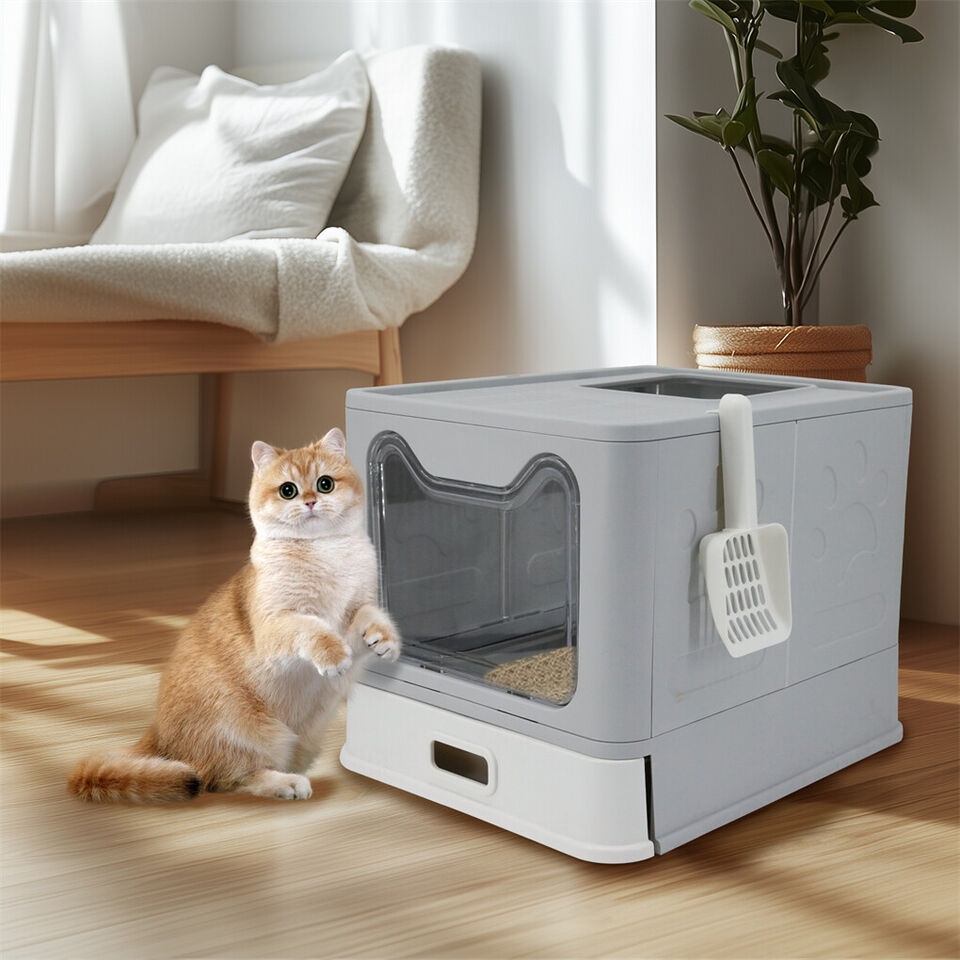 Stainless Steel Enclosed Cat Litter Box Top Exit Pet Toilet Box w/ Litter Scoop