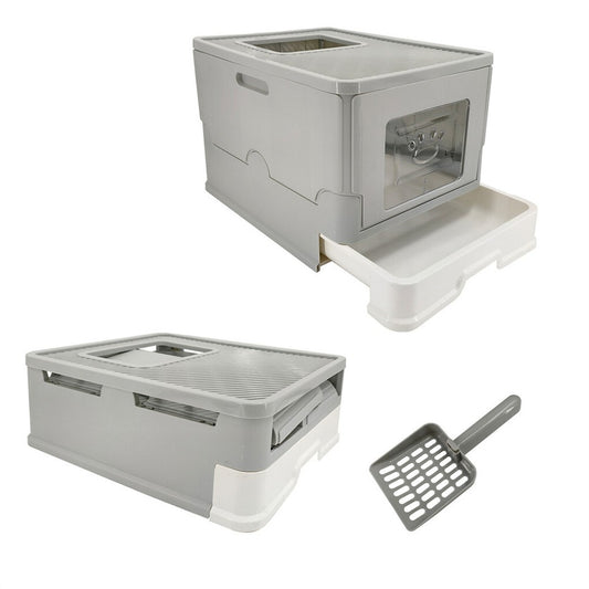 Large Enclosed Cat Litter Box Foldable Cat Kitten Toilet Box with Slide-Out Tray