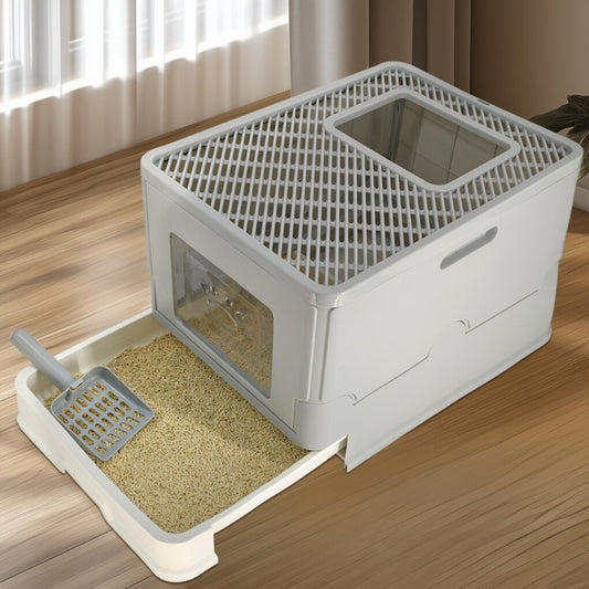 Large Enclosed Cat Litter Box Foldable Cat Kitten Toilet Box with Slide-Out Tray