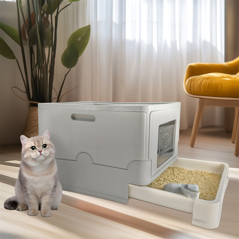 Large Enclosed Cat Litter Box Foldable Cat Kitten Toilet Box with Slide-Out Tray