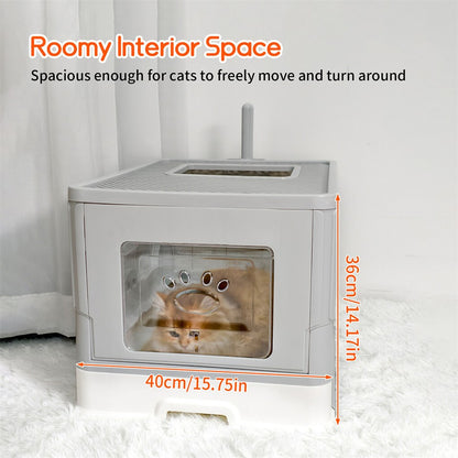 Large Enclosed Cat Litter Box Foldable Cat Kitten Toilet Box with Slide-Out Tray