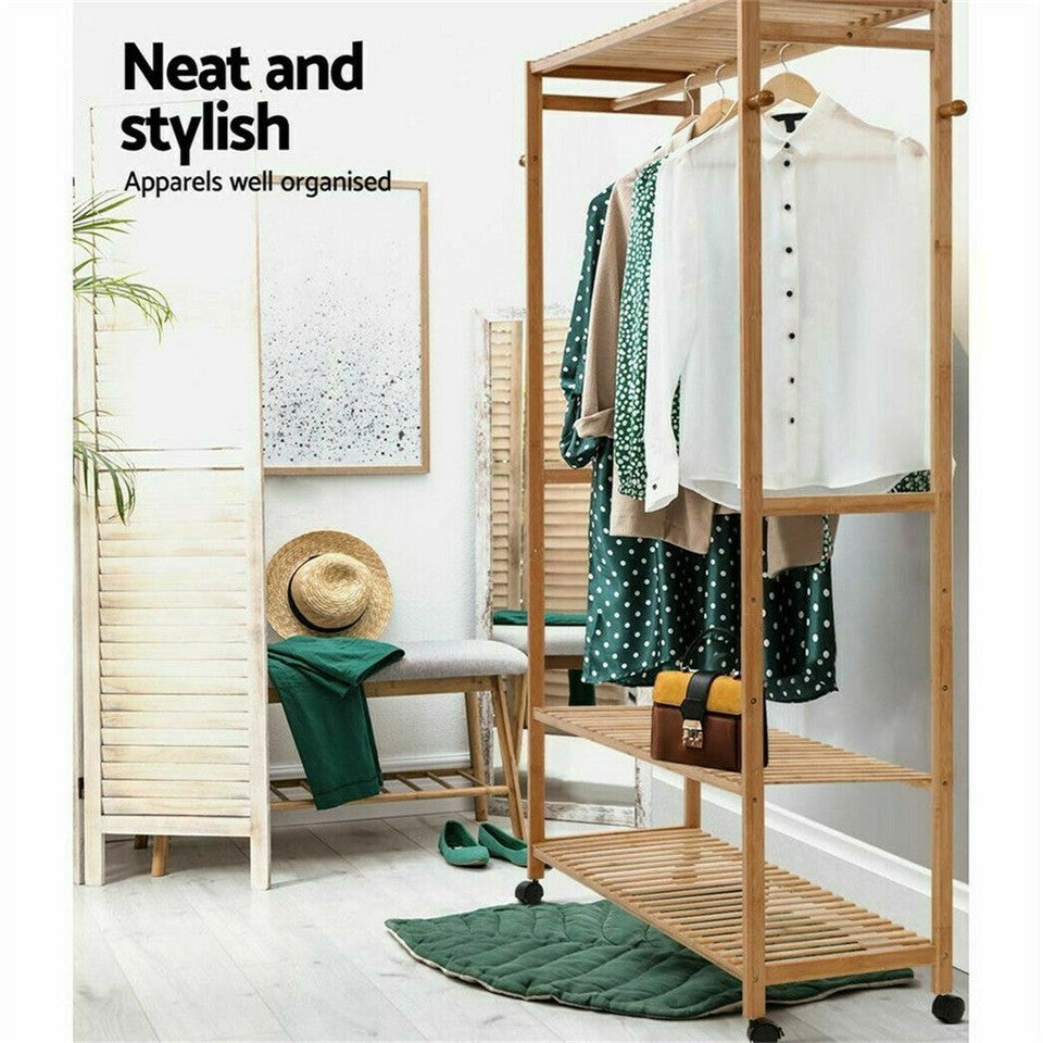 169cm Mildrew-proof Bamboo Clothes Shelves Stand On Wheels Coat Shoes Bags Rack