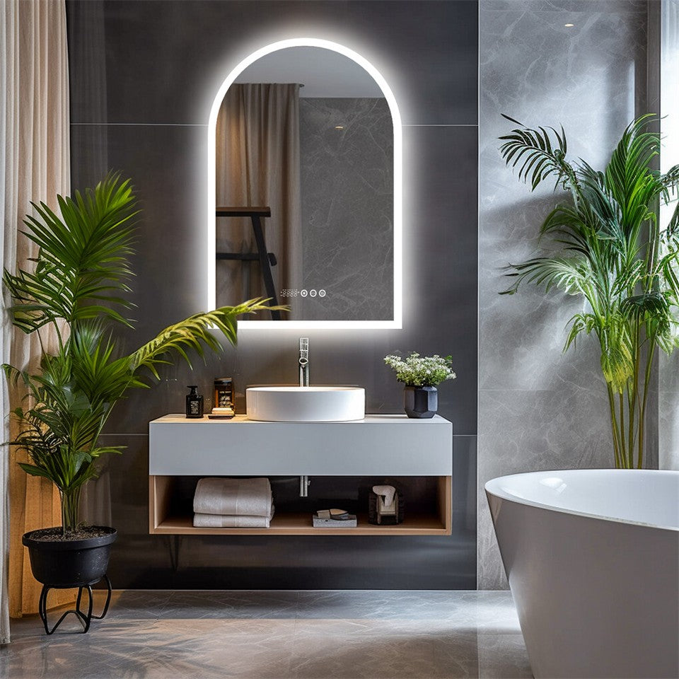 Arch Dimmable Led Bathroom Vanity Mirror w Antifog Temperature Date Time Display