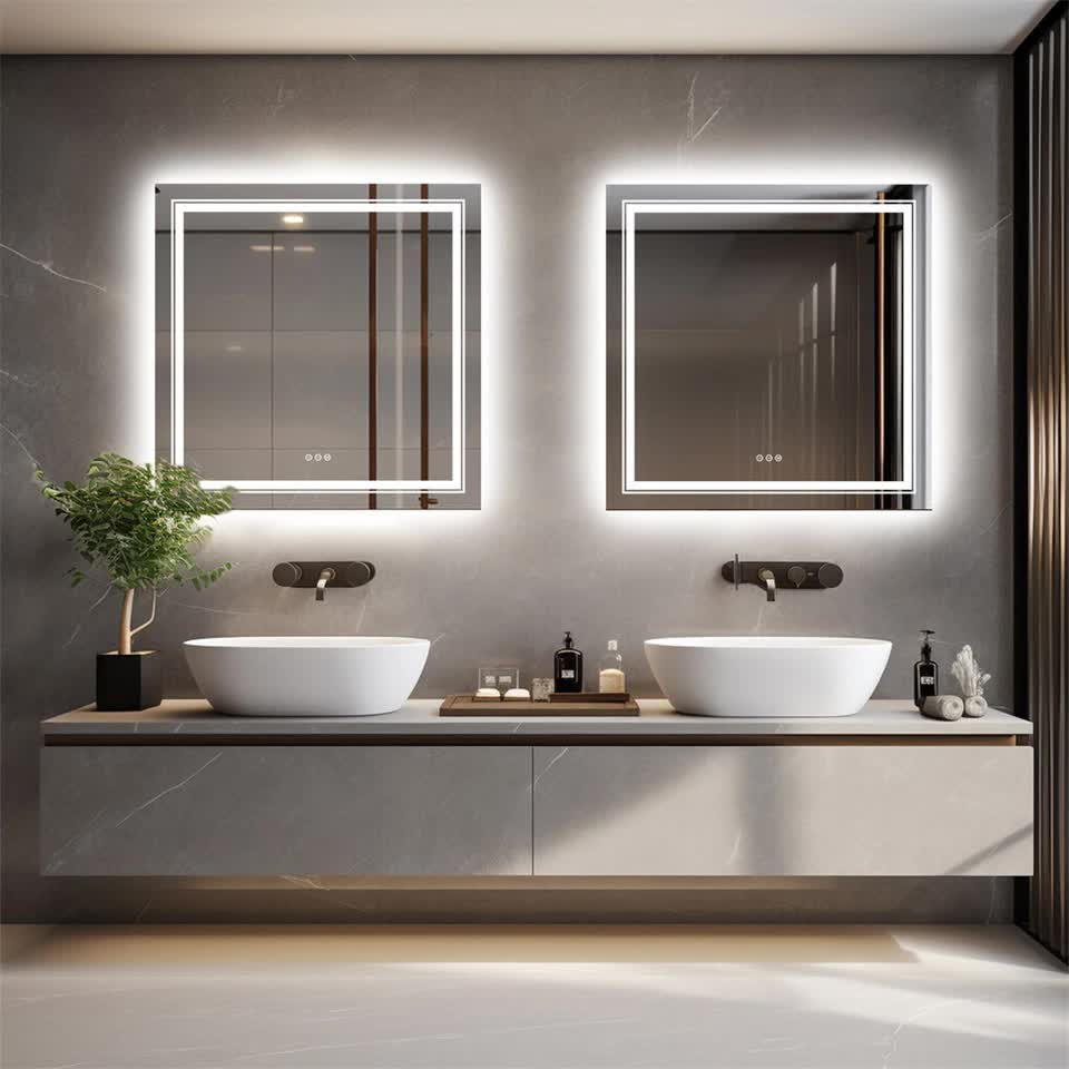 Fin Large Square Wall Mount Smart Led Bathroom Mirror Anti Fog Backlit Vanity Mirror