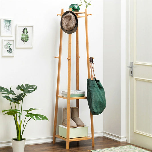 3 Layer 8 Hooks Shelf Clothes Coat Hat Rack Tree Stand Bamboo Hanger Organizer
