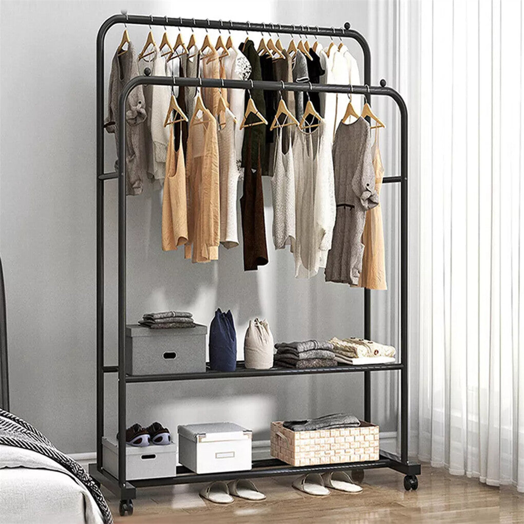 Fin Heavy Thicken Metal Double Clothes Rail Sturdy Open Hanging Shelf Storage Rack