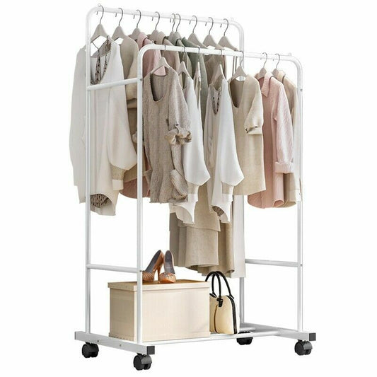 Heavy Duty Double Rail Garment Rack Rolling Clothes Rack 2Tier Storage Shelf